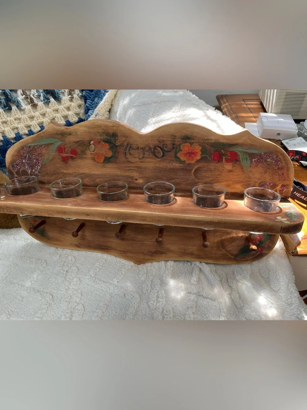 Vintage Floral Hand-Painted Wood Wall Peg Rack votive or spice bottle holder